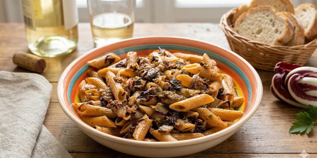 Penne con radicchio, capperi e acciughe
